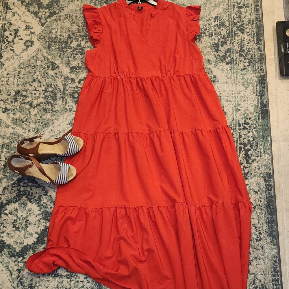 SHEIN Vibrant Red Maxi Dress with Ruffled Sleeves